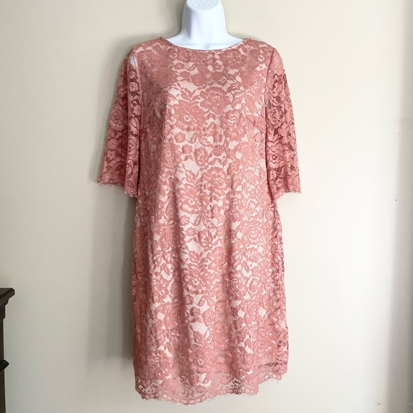 HITHERTO | BHLDN Pink Lace Half Sleeve Shift Mini Dress Women's Size 10 - Picture 2 of 10